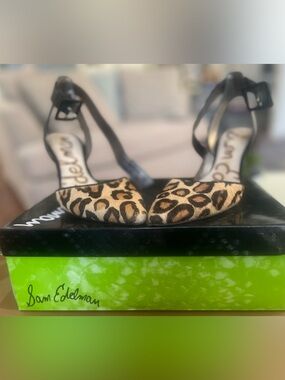Sam Edelman Leopard Print Pointed Toe Ankle Strap Heels - Brown/Black
